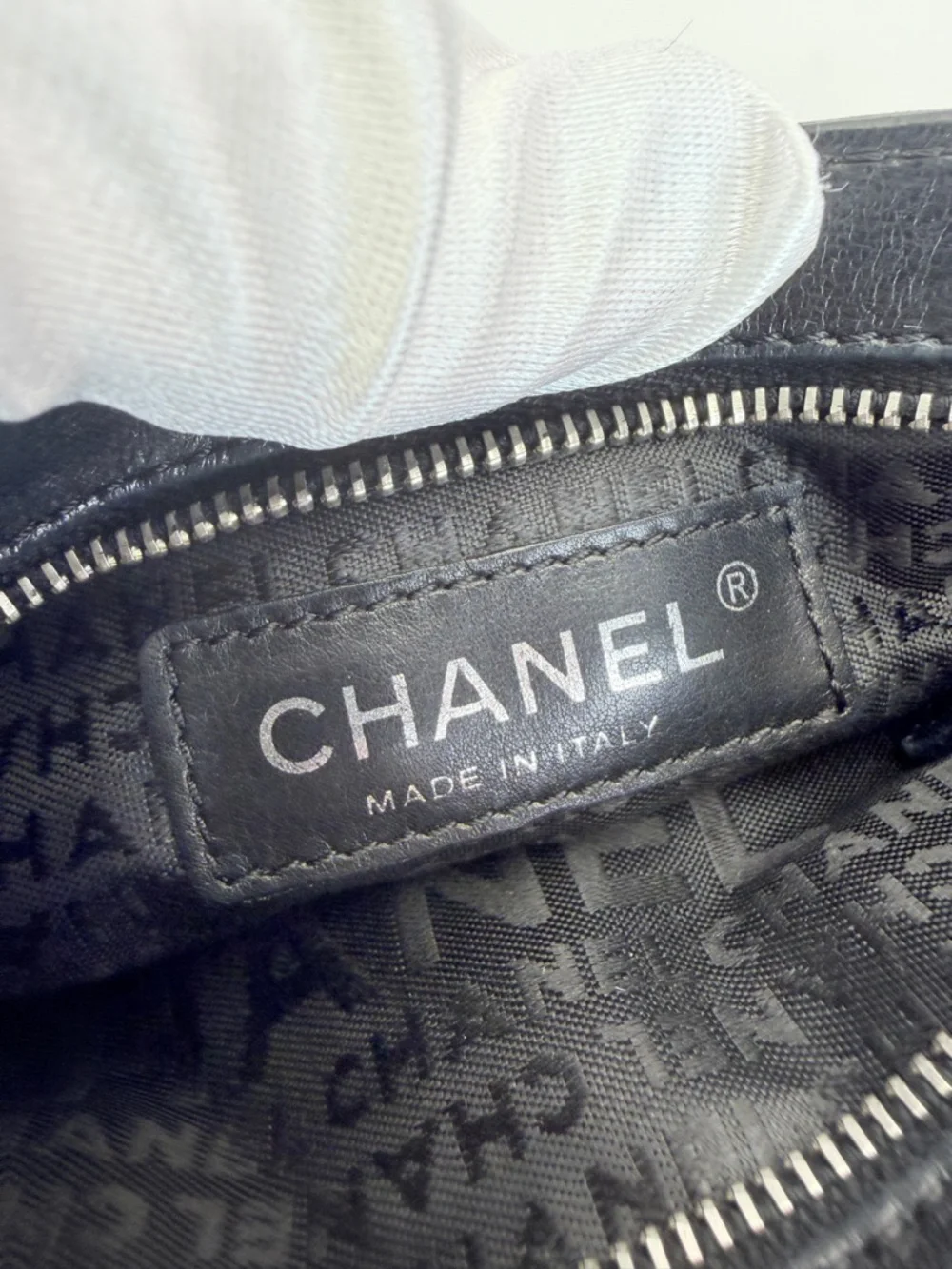CHANEL LAX Black Leather Chain Shoulder Bag Pochette Embossed Logo